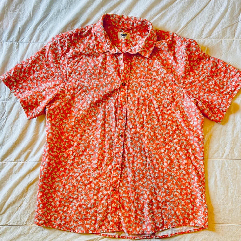 Marine Layer Knit Button Up Salmon Coral Pink Palm Tree Short Sleeve Shirt